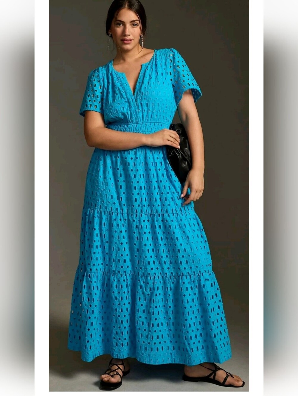 Anthropologie Somerset Maxi Bright Turquoise Eyelet Tiered Size L